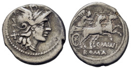 C. Maianius, Rome, 153 BC. AR Denarius (19,4mm, 3.8g). Rome. Helmeted head of Roma right; X (denomination mark) behind. R/ Victory driving biga right,...