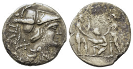 Ti. Veturius, Rome, 137 BC. AR Denarius (20mm, 3.8g). Helmeted and draped bust of Mars right. R/ Two soldiers face each other, one bearded and without...