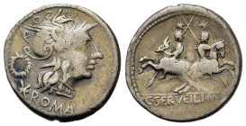 C. Servilius M. f. AR Denarius, Rome, 136 BC. AR Denarius (19,3mm, 3.9g). Helmeted head of Roma right; wreath above XVI monogram behind, ROMA below. R...