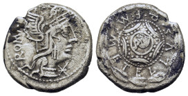 M. Caecilius Q.f. Q.n. Metellus, Rome, 127 BC. AR Denarius (17,7mm, 3.9g). Helmeted head of Roma right, ROMA behind, mark of value below chin. R/ M ME...