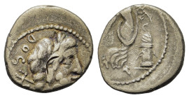 L. Rubrius Dossenus, Rome, 87 BC. AR Quinarius (14mm, 1.7g). Laureate head of Neptune to right, trident over shoulder; DOSSEN behind. R/ Victory advan...