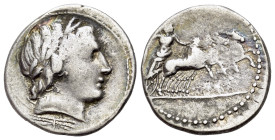 Gargilius, Ogulnius and Vergilius, Rome, c. 86 BC. AR Denarius (19.5mm, 3.73g, 12h). Head of Apollo Vejovis r., wearing oak wreath; thunderbolt below....