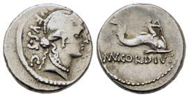 Mn. Cordius Rufus, Rome, 46 BC. AR Denarius (17,5mm, 4.2g). RVFVS S C, Diademed head of Venus r. R/ MN CORDIVS, Cupid riding dolphin r. Crawford 463/3...