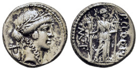 P. Clodius M. f. Turrinus, Rome, 42 BC. AR Denarius (17mm, 3.9g). Laureate bust of Apollo right; lyre behind. R/ Diana standing facing, with bow and q...