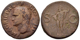 Agrippa (+12 BC). Æ As (28mm, 11.7g). Rome. Head of Agrippa to l., wearing rostral crown. R/ Neptune standing l., holding small dolphin and trident. R...