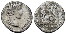Augustus (27 BC-14 AD). AR Denarius (17,8mm, 3.4g). Lugdunum. Laureate head r. R/ Gaius and Lucius Caesars standing facing, each togate and holding sp...