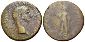 Claudius (41-54). Æ Sestertius (35mm, 25.49g, 6h). Rome, AD 50-54. Laureate head to r. R/ Spes, draped, standing to l., holding flower and raising hem...
