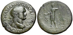 Vespasian (69-79). Æ Sestertius (35mm, 18.43g, 6h). Rome, 71. Laureate head of Vespasian to r. R/ Roma standing front, head to l., holding Victory in ...