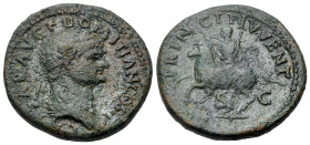 Domitian (Caesar, 69-81). Æ Dupondius (27mm, 13.03g, 6h). Rome, AD 73-74. Laureate and draped bust r. R/ Domitian on horseback rearing l., with hand r...