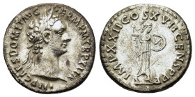 Domitian (81-96). AR Denarius (18,6mm, 3.3g). Laureate head r. R/ Minerva advancing r., brandishing spear and shield. RIC II 190; BMCRE 230; RSC 292.