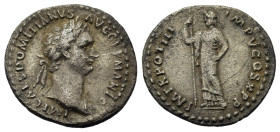 Domitian (81-96). AR Denarius (19mm, 3.1g). Rome, AD 84. Laureate head r. R/ Minerva standing right holding spear and shield. RIC II 191.