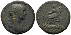 Trajan (98-117). Æ Sestertius (33,5mm, 24.4g). Rome, AD 114. Laureate and draped bust right. R/ Fortuna seated left, holding rudder and cornucopia. RI...