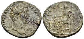Antoninus Pius (138-161). Æ Sestertius (31mm, 23.07g, 6h). Rome, 141-3. Laureate head r. R/ Salus seated l., feeding serpent from patera, S - C. RIC 6...