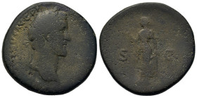 Antoninus Pius (138-161). Æ Sestertius (33,5mm, 25.4g). Rome, AD 141-143. Laureate head right. R/ Spes advancing left, holding flower and raising hem ...
