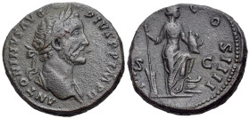 Antoninus Pius (138-161). Æ Sestertius (30mm, 20.10g, 12h). Laureate head r. R/ Annona standing r., foot on prow of galley; holding rudder, and modius...