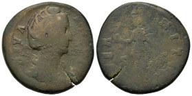 Diva Faustina Senior (died 140/1). Æ Sestertius (32,4mm, 25.5g). Draped bust r. R/ Aeternitas standing right, head left, holding phoenix on globe and ...