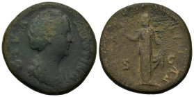 Diva Faustina Senior (died 140/1). Æ Sestertius (32mm, 25g). Draped bust r. R/ Aeternitas standing right, head left, holding phoenix on globe and lift...