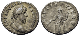 Lucius Verus (161-169). AR Denarius (23,4mm, 3.2g). Rome, AD 165-166. Laureate and cuirassed bust r. R/ Pax standing to left, holding olive branch and...