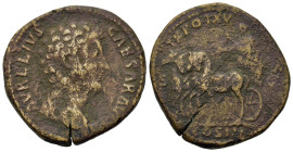 Marcus Aurelius (161-180). Æ Sestertius (32,2mm, 27g). Rome. Bare-headed, draped and curiassed bust r. R/ Marcus Aurelius, draped, standing, in quadri...