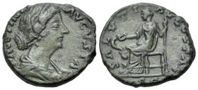 Faustina II (wife of M. Aurelius, 161-175). Æ As (24mm, 9.71g, 6h). Rome, AD 161-176. Diademed and draped bust to r. R/ Salus seated to l., feeding sn...