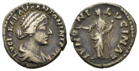 Lucilla (Augusta, 164-182). AR Denarius (17,3mm, 3.3g). Rome. Draped bust r. R/ Juno standing facing, head left, extending right hand and holding infa...