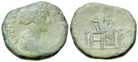 Lucilla (Augusta, 164-182). Æ Sestertius (29mm, 19,03g, 1h). Rome, after 164. Draped bust of Lucilla to r. R/ Fecunditas seated to r., nursing a child...