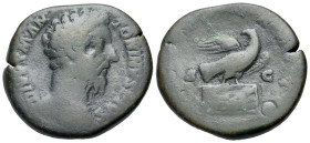 Divus Marcus Aurelius (Died AD 180). Æ Sestertius (32mm, 21,61g, 1h). Rome. Bare head r. R/Eagle standing r., with head l. and wings open, on garlande...