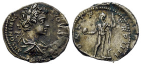 Caracalla (198-217). AR Denarius (19,5mm, 3.7g). Rome, AD 200. Laureate, draped and cuirassed bust r. R/ Sol standing front, head l., holding globe an...