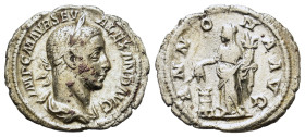 Severus Alexander (222-235). AR Denarius (20mm, 2g). Rome, AD 222-228. Laureate and draped bust r. R/ Annona standing to left, holding corn-ears and c...