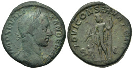 Severus Alexander (222-235). Æ Sestertius (28,9mm, 19.8g). Rome, AD 222-231. Laureate head right. R/ Jupiter standing left, holding thunderbolt and sc...