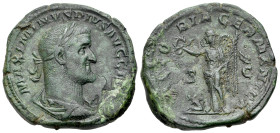 Maximinus I Thrax (235-238). Æ Sestertius (31mm, 19,55g, 12h). Rome. Laureate, draped and cuirassed bust r. R/ Victory standing l., holding wreath and...