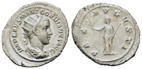 Gordian III (238-244). AR Antoninianus (25,3mm, 4.4g). Rome, AD 238. Radiate, draped and cuirassed bust r. R/ Pax standing facing, head left, holding ...
