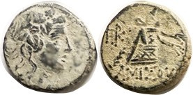 AMISOS, Æ21, 85-65 BC, Dionysos head r/Cista mystica & thyrsos, S3640; AVF, dark...