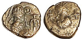 ELYMAIS, Orodes I, Æ Drachm, Bust l./ Artemis bust r, cornucopiae behind, cross ...