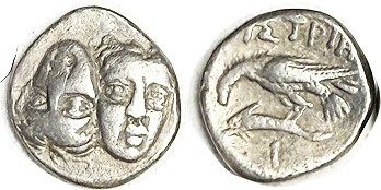 ISTROS, Drachm, c. 400-350 BC, 2 Male heads, left inverted/Eagle on dolphin, I b...