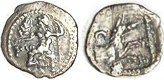 LARANDA, Obol, c. 324-323 BC, Baal std l/wolf forepart r, crescent above; VF typ...