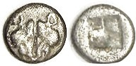LESBOS, 1/12 Stater or Diobol, 1.02 gram, 9 mm, c.500-450 BC, 2 boar heads face-...
