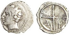 MASSALIA, Obol, River god head l./MA in 4-spoke wheel; F-VF, technically better ...