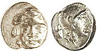 SELGE, Obol, 350-300 BC, Facing Gorgon head/Athena head r, knucklebone behind; V...