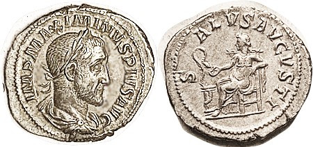 MAXIMINUS I, Den, SALVS AVGVSTI, Salus std l, Choice EF/VF-EF, large flan, nice ...
