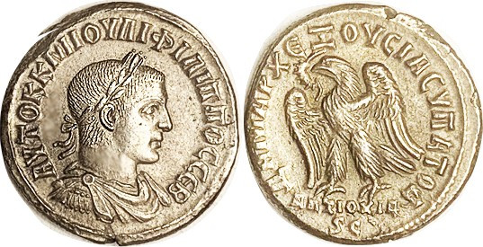 PHILIP II, Antioch Tet, Bust r/Eagle l, ANTIOXIA SC below; Choice EF, rev a hair...