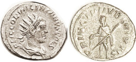 VALERIAN II, Ant, PRINCIPI IVBENTVTIS (yes), Sal hldg transverse spear; EF/VF, centered, lgnds typically crude, silver with lt tone & hint of granular...