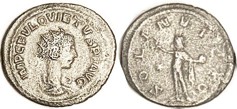 QUIETUS, Ant, SOL INVICTO, Sol stg l, VF, nrly centered, obv well struck, rev a ...