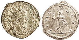 POSTUMUS, Ant, VIRTVS AVG, Virtus stg r, w/spear & shield, RIC 93, VF-EF, centered on large ragged flan, some lgnd crudeness, silver with grey-brown t...