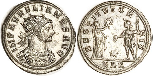 AURELIAN, Ant, RESTITVT ORBIS, Woman giving wreath to Ruler, */KAA; Superb EF, w...