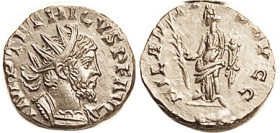 TETRICUS I, Ant, HILARITAS AVGG, Hilaritas giggling l.; Virtually Mint State, lustery silvery-brown surfaces, obv lgnd crowded but complete, rev lgnd ...