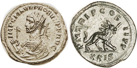 PROBUS, Ant, Bust left hldg scepter/PM TR I P COS II PP, Radiate lion rt, XXIS; ...