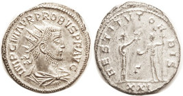 PROBUS, Ant, RESTITVT ORBIS, Female giving wreath to Ruler, Gamma/XXI; practically mint state, well centered & struck, good lustrous silvering. (An AE...