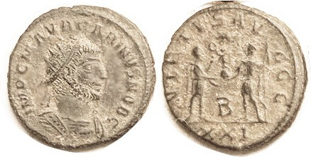 CARINUS, As last; note the GGG signifies 3 Augusti, yet obv names him as Caesar,...