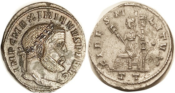 MAXIMIAN, Follis, FIDES MILITVM, Fides std l, TT; EF, nrly centered, steely- bro...